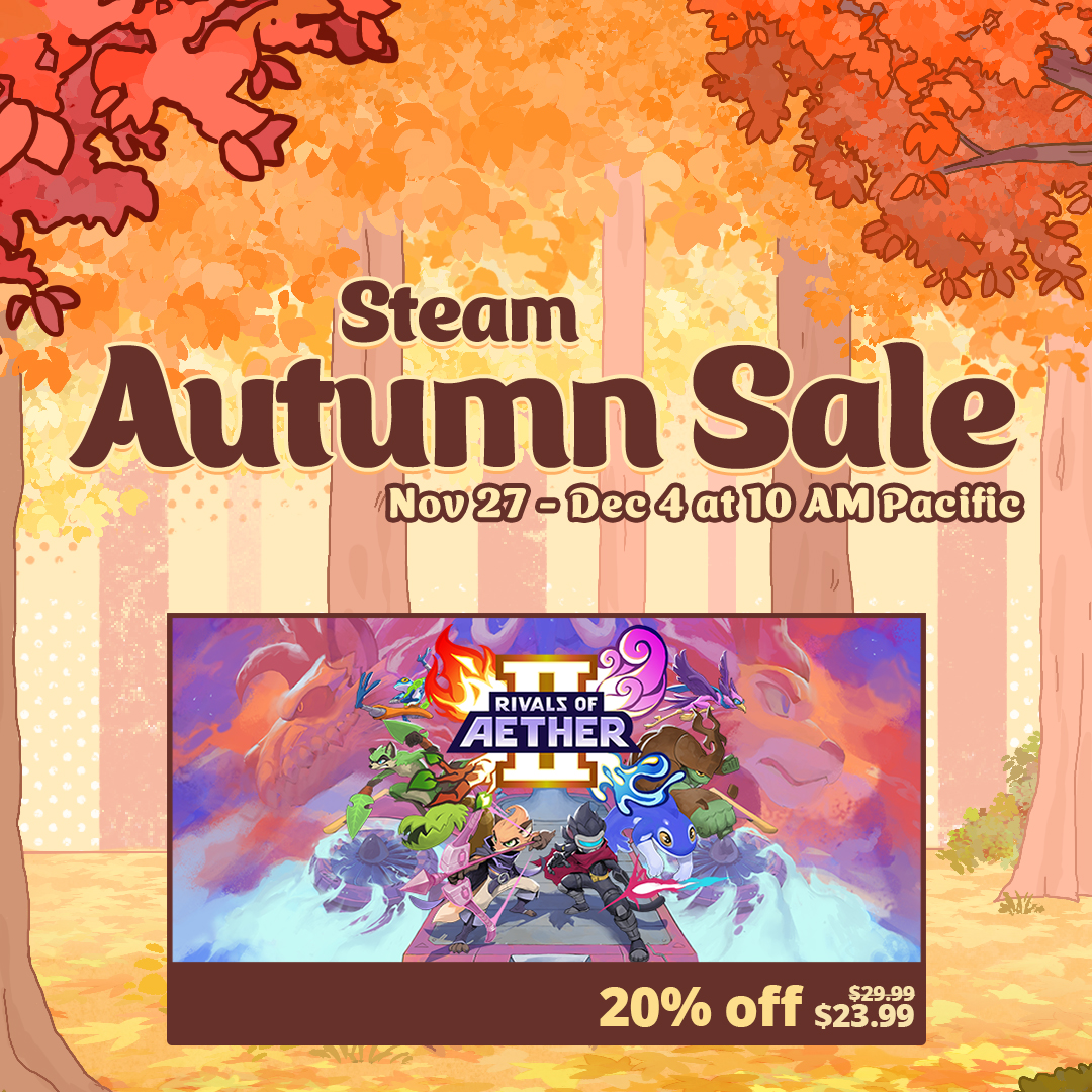 Rivals of Aether II is 20% off in the Steam Autumn Sale! Pick up the game for yourself or a friend at a reduced price all holiday weekend
