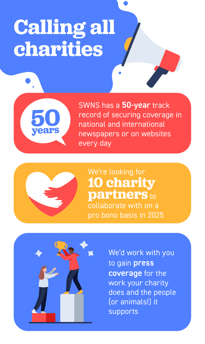 elvinnews's tweet image. 🚨Calling all charity press officers 🚨

@SWNS is looking for 10 new charity partners for 2025.

We'll work with you - pro bono - to make sure you get the best coverage for your stories.

swns.com/wordpress/wp-c…

#charity #journorequest  #news #pr