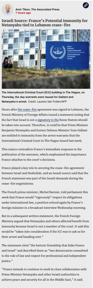 vincent-lemire.bsky.social (@v_lemire) on Twitter photo ⚠️ BREAKING. Selon <a href="/haaretzcom/">Haaretz.com</a>, la fausse immunité #CPI accordée à #Netanyahu a été dealée en échange d'un strapontin accordée à la France dans l'annonce du cessez-le-feu au Liban. Si cette information est confirmée, <a href="/jnbarrot/">Jean-Noël Barrot</a> <a href="/MichelBarnier/">Michel Barnier</a> ou <a href="/EmmanuelMacron/">Emmanuel Macron</a> doivent s'en ⚠️ BREAKING. Selon <a href="/haaretzcom/">Haaretz.com</a>, la fausse immunité #CPI accordée à #Netanyahu a été dealée en échange d'un strapontin accordée à la France dans l'annonce du cessez-le-feu au Liban. Si cette information est confirmée, <a href="/jnbarrot/">Jean-Noël Barrot</a> <a href="/MichelBarnier/">Michel Barnier</a> ou <a href="/EmmanuelMacron/">Emmanuel Macron</a> doivent s'en