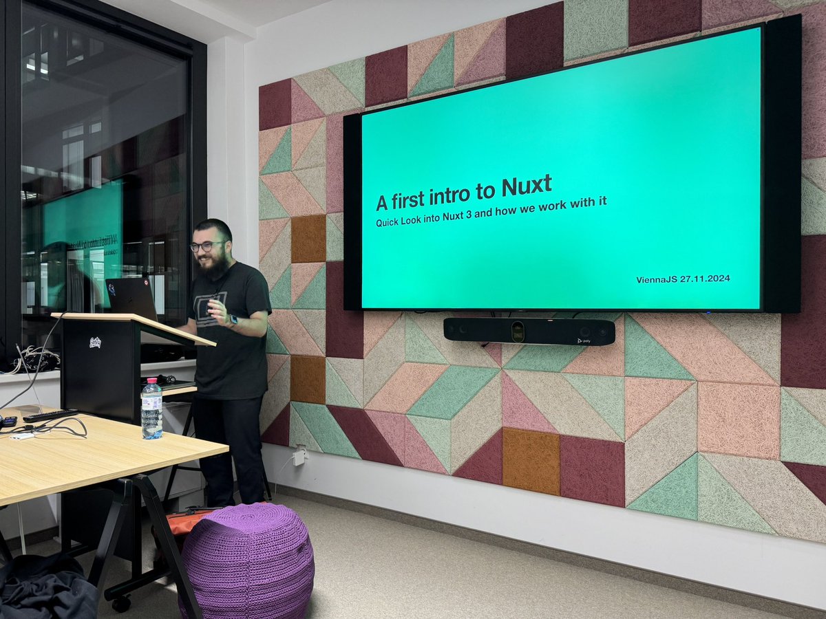 Our Nuxt expert <a href="/DerVonDenBergen/">Felix De Montis 🍀</a> giving an intro talk at today’s #ViennaJS. We use <a href="/nuxt_js/">Nuxt</a> for ORF ON and ORF KIDS, two new streaming services with a strong focus on Austrian content.