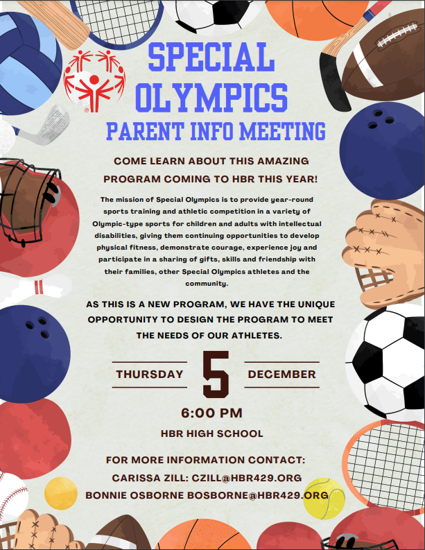 One week from today is our information meeting for our new HBR Special Olympics Team!   All are welcome and we hope to see you there!  Go Royals!