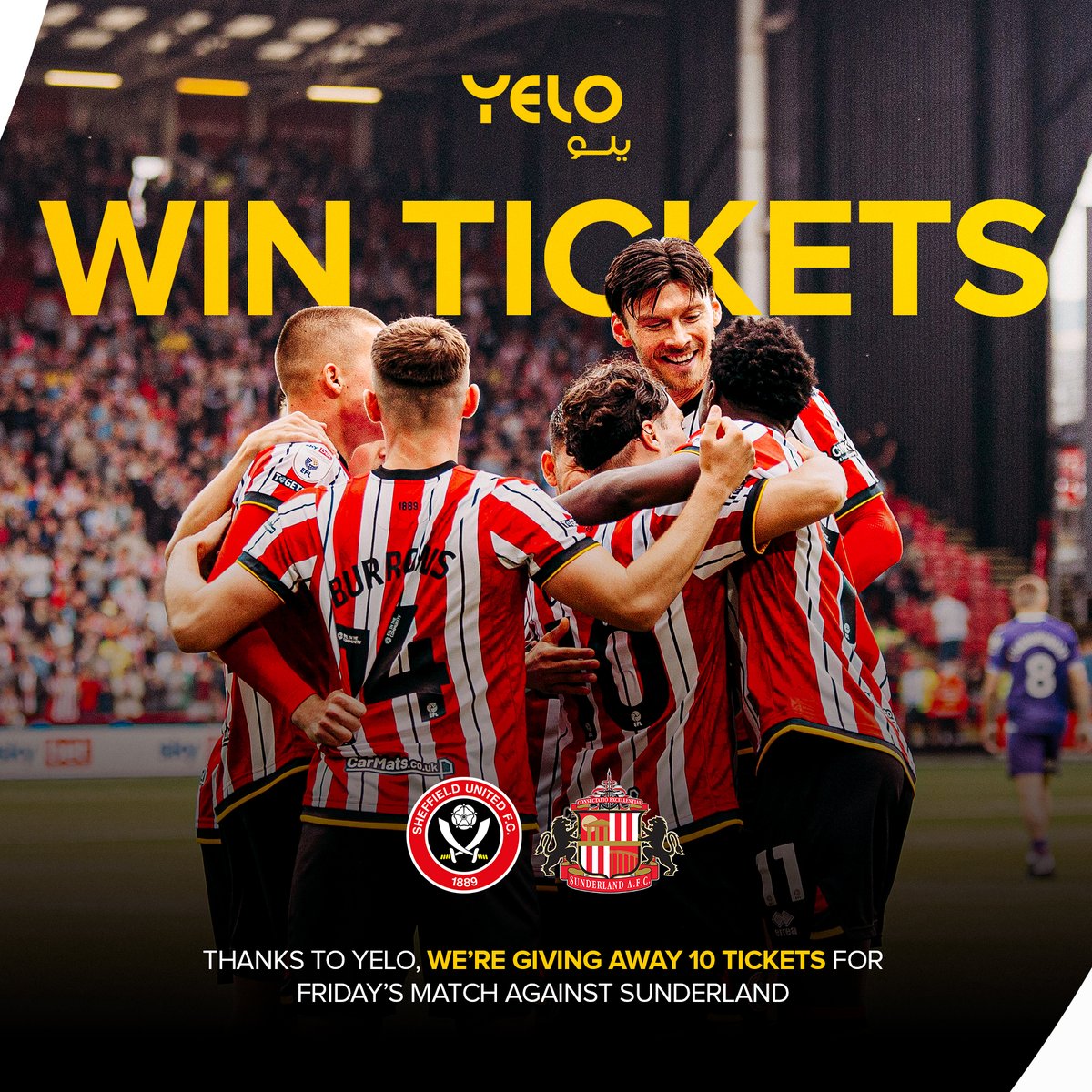 Thanks to <a href="/YeloDrive/">Yelo | يلو</a>, we’re giving away 10 tickets for Friday’s match against Sunderland. 🎟️

To be in with a chance to WIN:

1️⃣ Follow both <a href="/SheffieldUnited/">Sheffield United</a> and <a href="/YeloDrive/">Yelo | يلو</a> on X
2️⃣ Repost OR reply with a comment

Five lucky winners will be chosen at random, and each winner gets