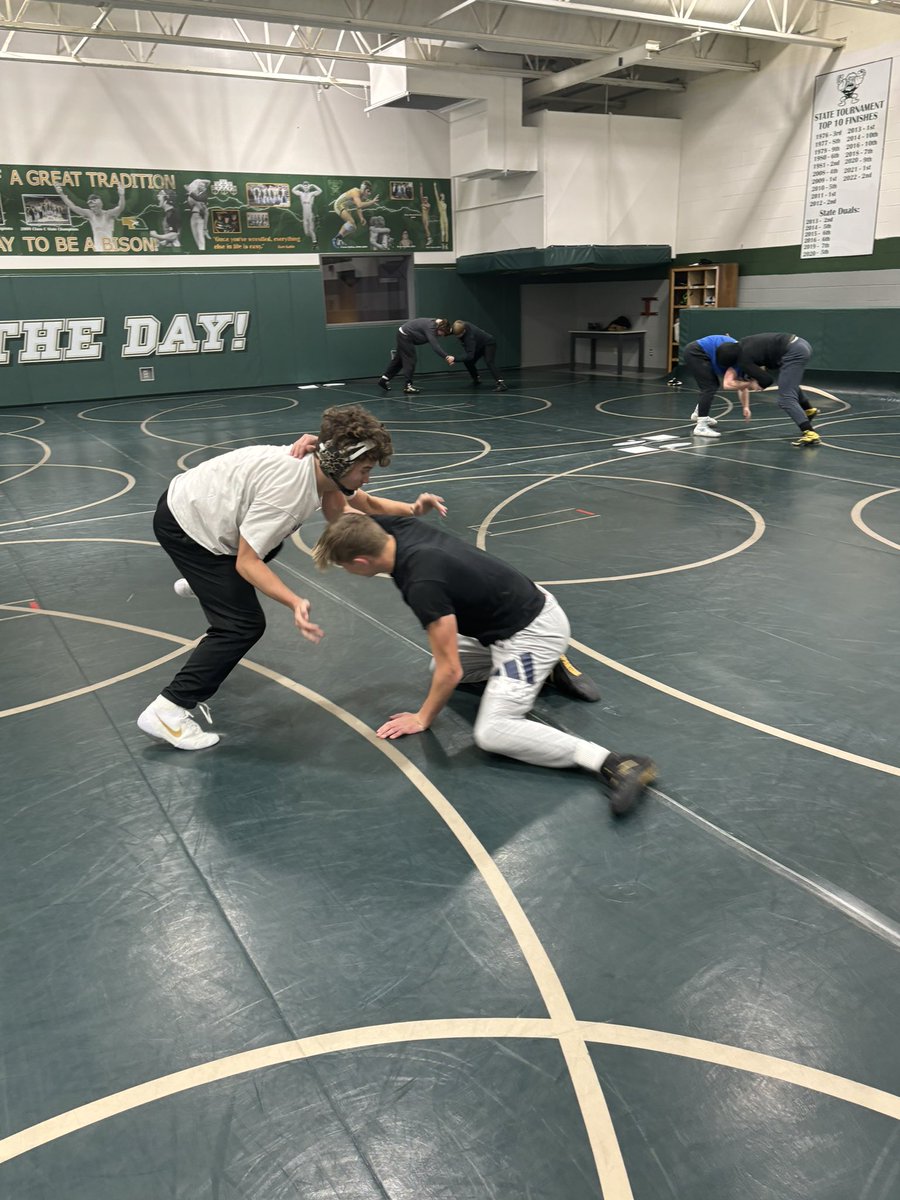 ccbisonwrestle's tweet photo. Had a bunch of dudes in the state football  finals yesterday, and wrestling practice this morning.  These dudes are tough!  The grind never stops! https://t.co/FCPzciYBON