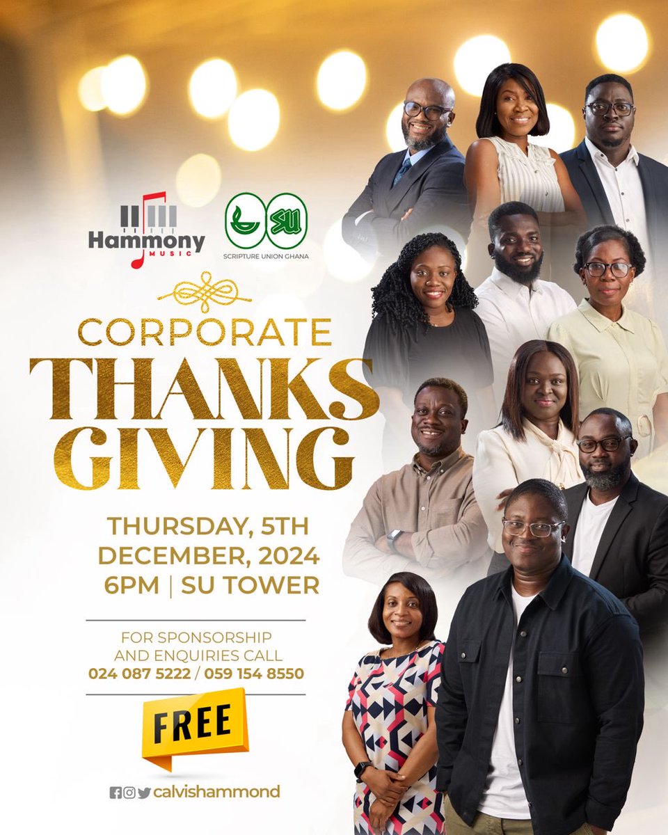 CORPORATE THANKSGIVING 2024 - a night where Ghana's talented professionals come together to jam, praise, and give thanks unto the Lord.

Date: Thursday, December 5th, 2024
Venue: SU Tower, Ridge
Time: 6pm sharp!

📌 Register now to secure your spot: bit.ly/ct24-registrat…