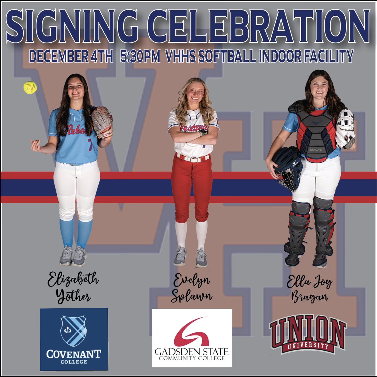 Come celebrate these amazing senior ladies as they sign their NLI to further their softball careers in college! We are proud of you <a href="/Eliz_Yother/">Elizabeth Yother</a>, <a href="/ejbragan25/">Ella Joy Bragan</a>, &amp; <a href="/EvelynSpla83009/">Evelyn Splawn</a>! <a href="/1rebelathletics/">Vestavia Hills Rebels Athletics</a> @covenantcollege @gstatesb @UUathleticssb