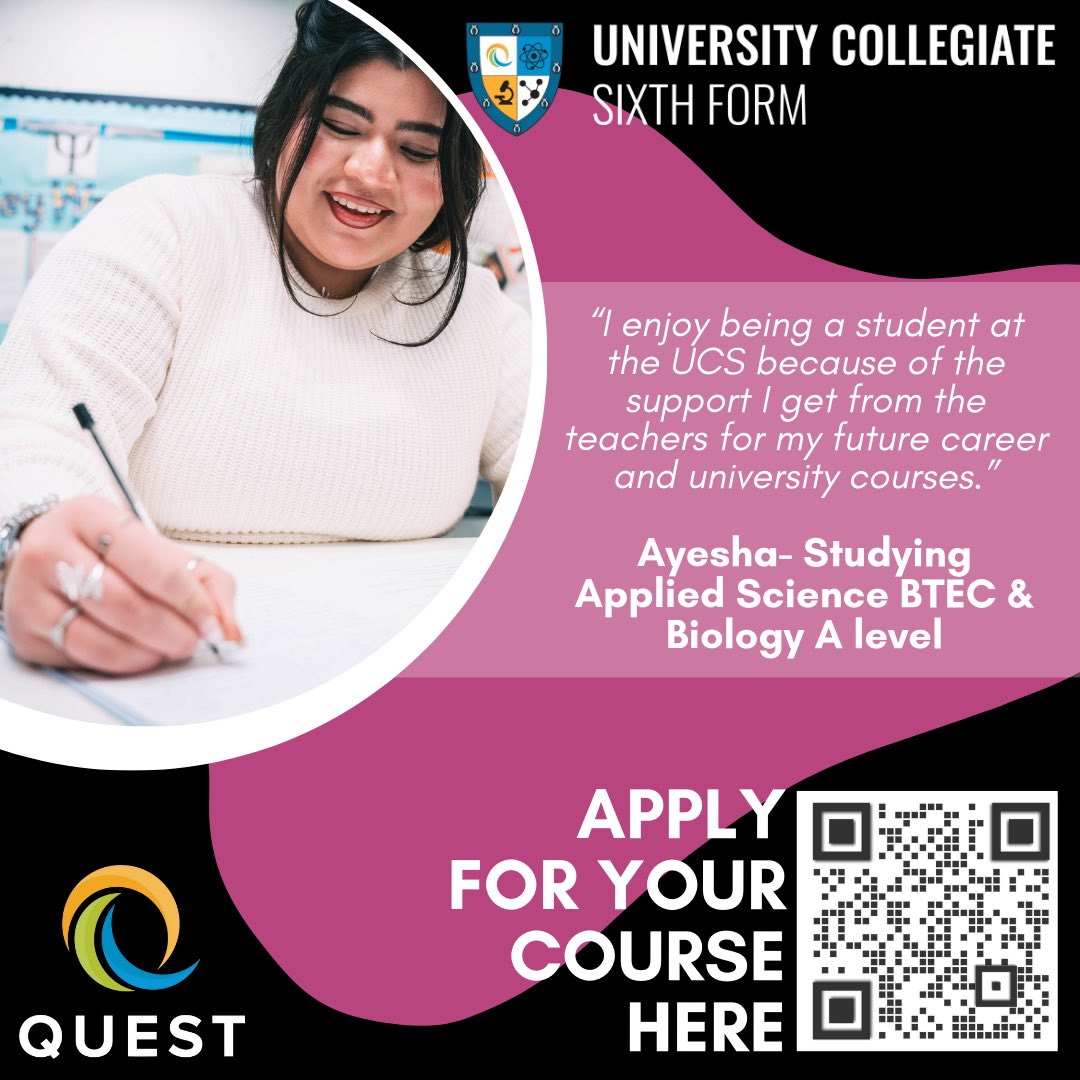 At UCS Sixth Form we are #DestinationFocused but don’t just take our word for it, here is what our student Ayesha has to say…

@QUESTtrust @TheUCSchool 

#EmployerLed #TechnologyPowered #Quest #UCSSixthForm #GetAhead