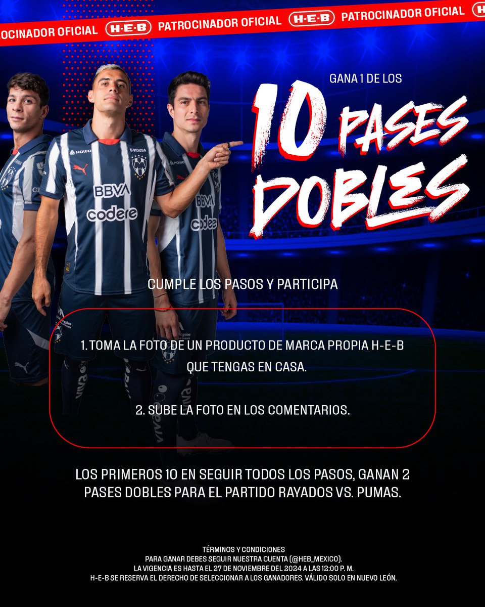 HEB_mexico's tweet photo. ¡Liguilla en el Estadio BBVA! ¿Quién quiere ir al partido de ida de @Rayados vs. Pumas, sobrinos? Voy a regalar 10 pases dobles, pónganle atención a la dinámica. 👀 https://t.co/jio58WYkWW