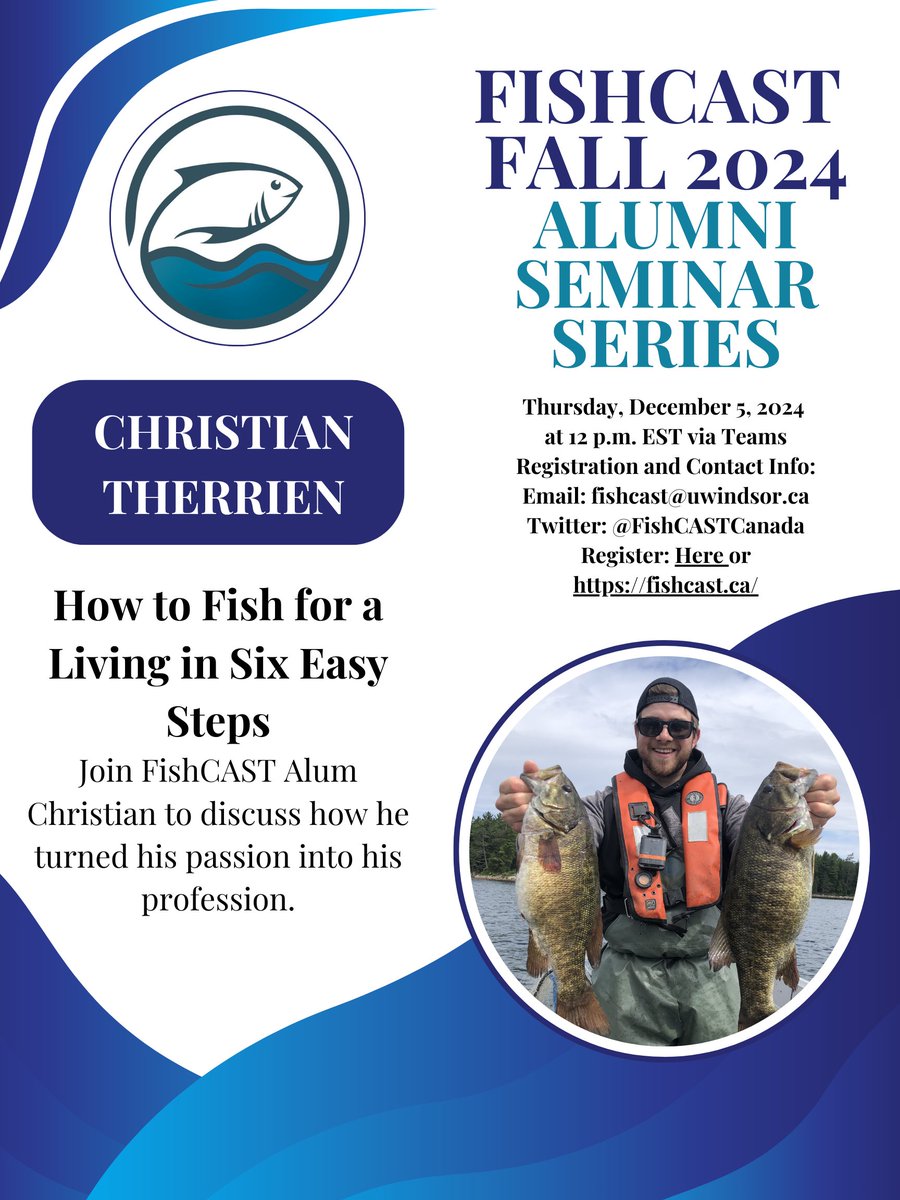 The final <a href="/FishCASTCanada/">FishCAST</a> Fall 2024 Seminar will be presented by Alum <a href="/chrisatherrien/">Christian Therrien</a> on December 5th at 12 pm EST! Join us to learn his tips on #fishing for a living! 🎣💰😃#FishCASTFallSeminars2024
Register here: events.teams.microsoft.com/event/38836b29…