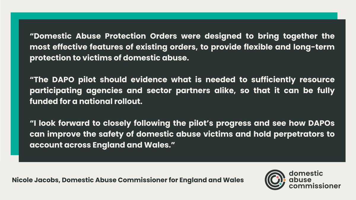 Today the government has launched a pilot of Domestic Abuse Protection Orders (DAPOs).

DAPOs can provide greater protections for victims than previous orders, including imposing requirements on perpetrators, such as attendance at behaviour change programmes.

My response ⬇️