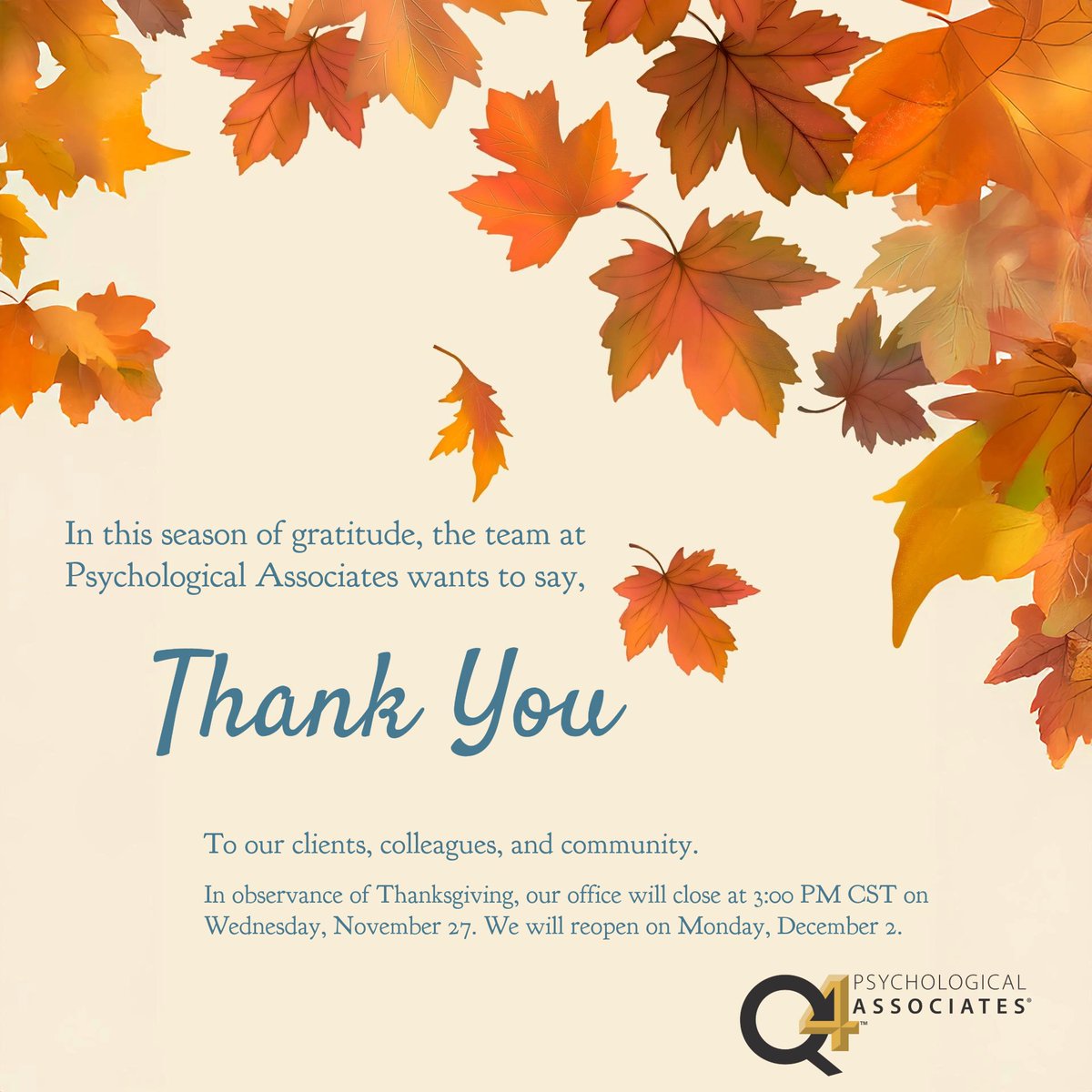 Happy holidays! Our office is closed to allow our team time with friends and family. We will return on Monday, December 2.