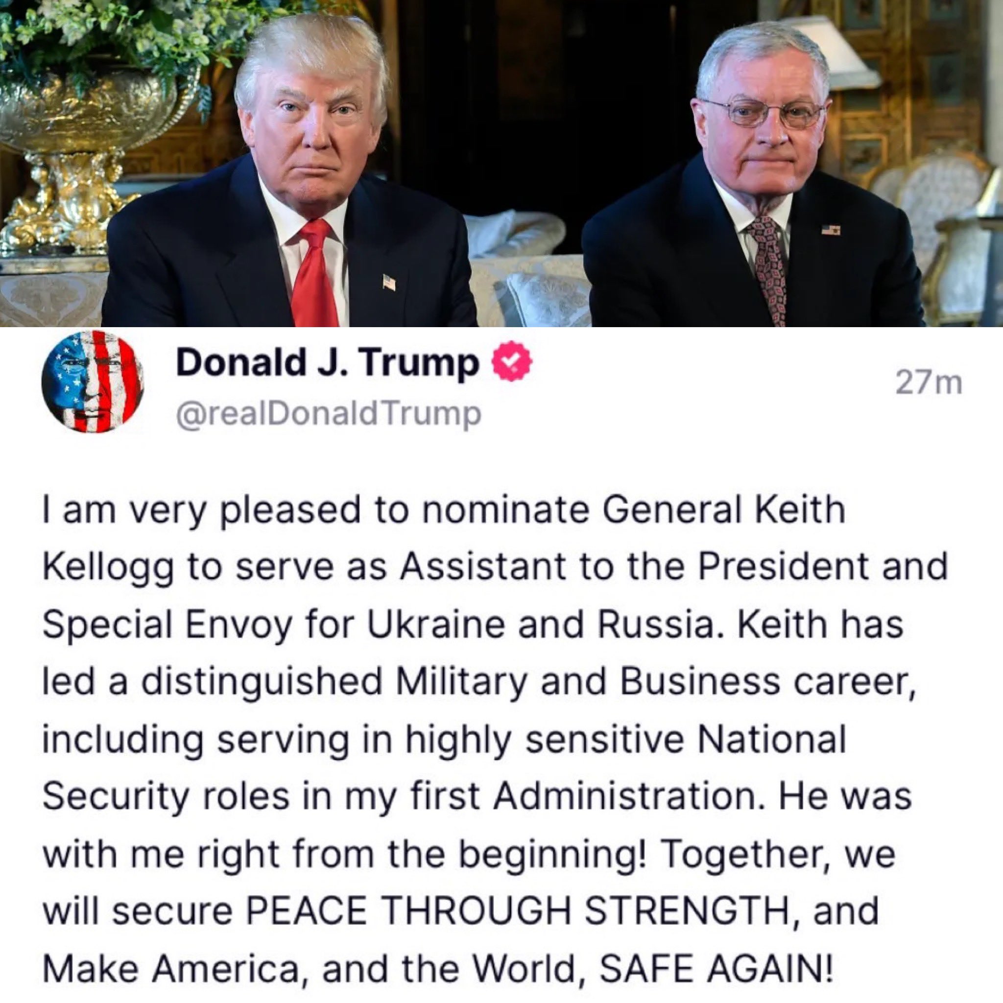 Belaaz News on X: "🇺🇸 — JUST IN: President-elect Trump has announced his  intention to appoint Keith Kellogg, a retired U.S. Army lieutenant general  and former national security advisor, as Special Envoy