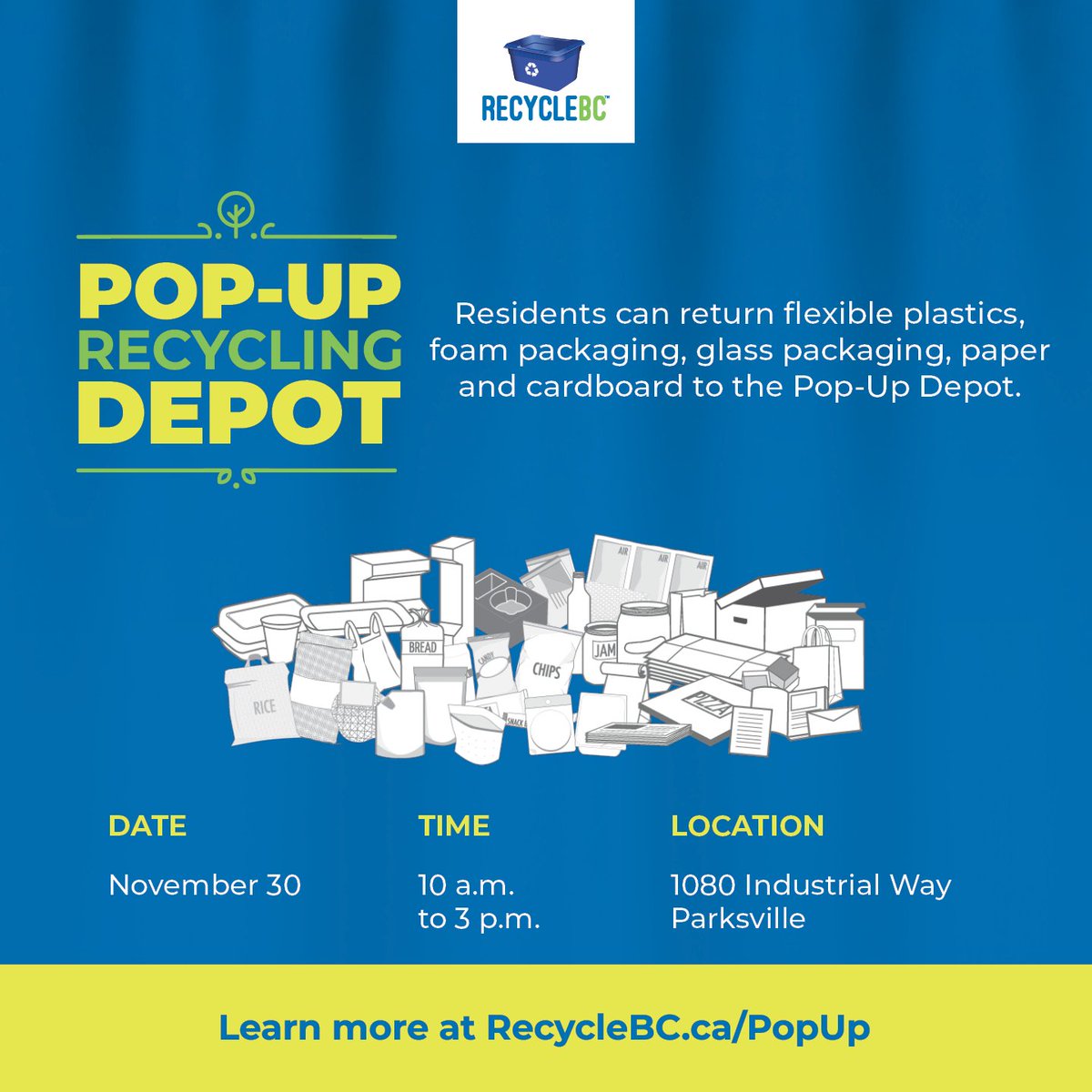 RecycleBC's tweet photo. #Parksville BC: The Recycle BC Pop-Up Depot is open Saturday, November 30, from 10 a.m. to 3 p.m. at 1080 Industrial Way. See accepted materials and schedule at https://t.co/pT6em0wo9q. Provided in partnership with the Parksville Community Centre Society ♻️ #RecycleBC https://t.co/anyyrST3mM