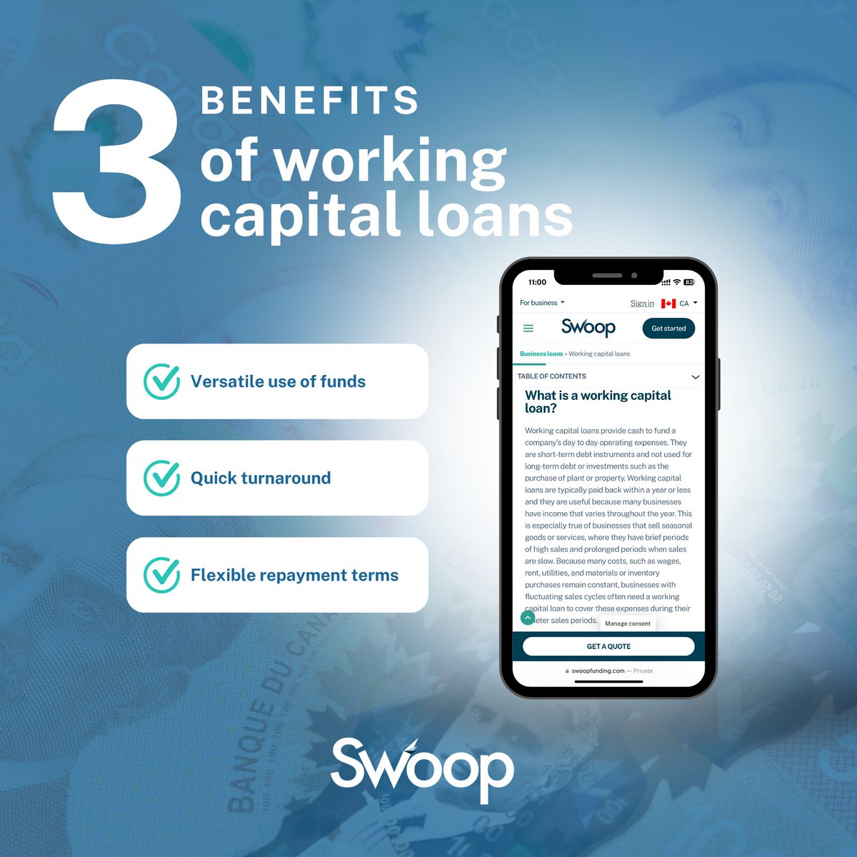 Ready to unlock the cash your business needs to thrive? 💰

With working capital loans, you can access fast and flexible funding to manage expenses, drive growth, and seize new opportunities.

Learn more here 👉 bit.ly/3Zc18UM 

#Swoop #fintech #businessfundingmadesimple