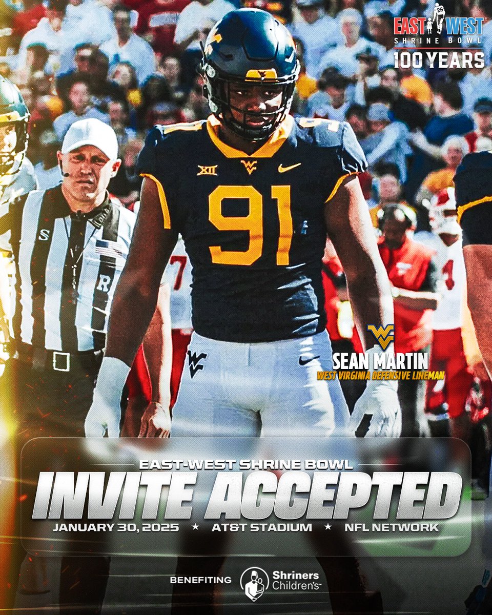 East-West Shrine Bowl (@shrinebowl) on Twitter photo Beast 💪
DL Sean Martin (<a href="/SEANMARTIN91/">Sean Martin</a>) from <a href="/WVUfootball/">West Virginia Football</a> has officially accepted his invite to the 100th East-West #ShrineBowl!
#HailWV | #ShrineBowlWHOSNEXT 😎 Beast 💪
DL Sean Martin (<a href="/SEANMARTIN91/">Sean Martin</a>) from <a href="/WVUfootball/">West Virginia Football</a> has officially accepted his invite to the 100th East-West #ShrineBowl!
#HailWV | #ShrineBowlWHOSNEXT 😎