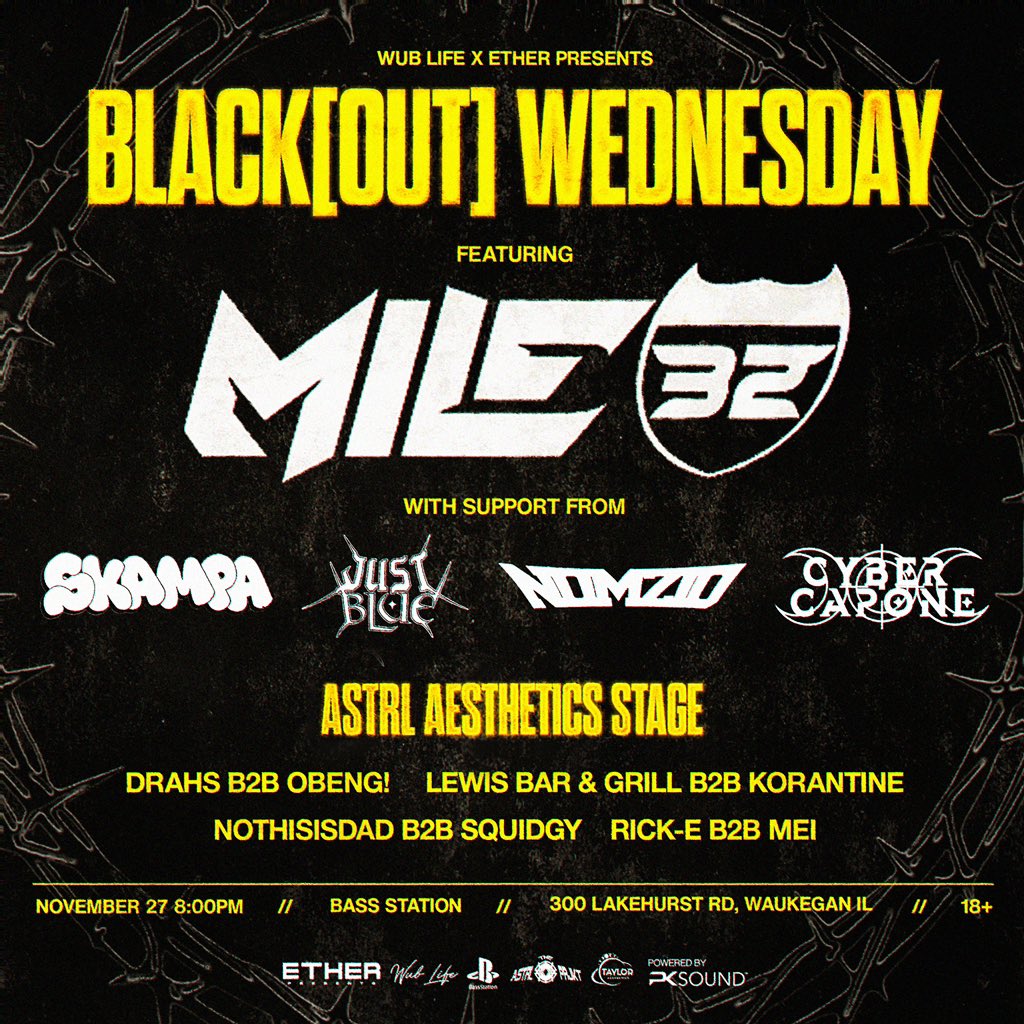 𝗧𝗢𝗡𝗜𝗚𝗛𝗧//<a href="/Mile32dubs/">Mile32 | DPMO</a> makes his Chicago debut at Bass Station! Doing a little something special for the holidays and will be opening up a Wubsgiving food drive™️, bring non-perishables for a chance to win a ticket to Radiance NYE!

Here’s to a safe, fun, &amp; giving night!🍻
