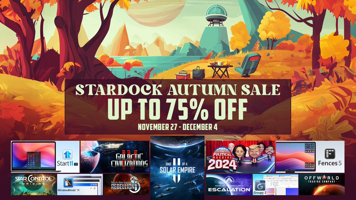 🍂🎉 Don't miss the Stardock Autumn Sale! Enjoy up to 75% off on your favorite games and software now through December 4th.

Shop Now: store.steampowered.com/publisher/star…

#Stardock #AutumnSale