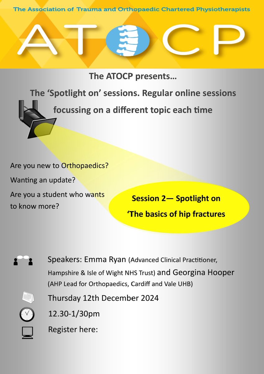 ATOCP Physio (@physioatocp) on Twitter photo Check out the <a href="/PhysioATOCP/">ATOCP Physio</a> spotlight event - if you're new to ortho, want a refresher or just starting out in your physio career, come along and join us. 12 Dec, bring lunch and learn #nof #hipfractures. Link to register to follow Check out the <a href="/PhysioATOCP/">ATOCP Physio</a> spotlight event - if you're new to ortho, want a refresher or just starting out in your physio career, come along and join us. 12 Dec, bring lunch and learn #nof #hipfractures. Link to register to follow