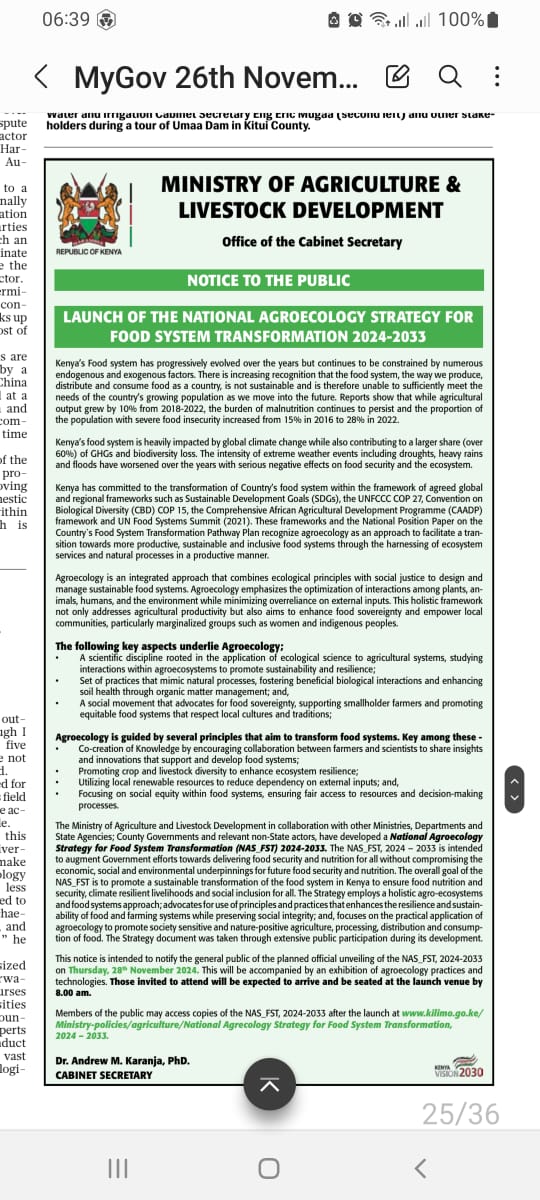 Kenya's National Agroecology Strategy for Food Systems Transformation (NAS FST) officially launches tomorrow.