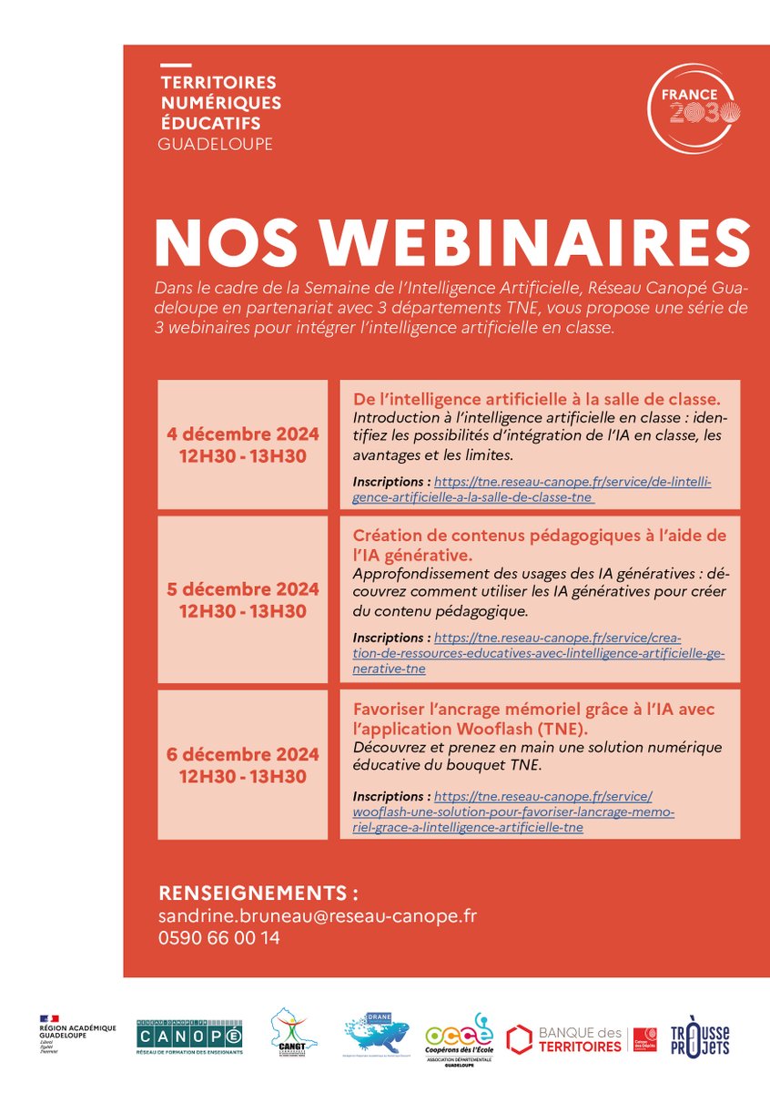 🎉 WEBINAIRES IA 🎉

Dans le cadre de la semaine de l'Intelligence artificielle, nous vous proposons 3 webinaires pour découvrir, prendre en main ou approfondir l'usage de cet outil numérique émergent. 

ℹ️Inscriptions et informations :
sandrine.bruneau@reseau-canope.fr