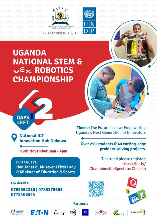 nuwamanyaisaac's tweet image. The wait is almost over — just 2 days to the Uganda National STEM &amp;amp; VEX ROBOTICS Championship!
📅 29th November 2024
⏰ 8 AM - 4 PM
📍 National ICT Hub, Nakawa
Don’t miss this opportunity to cheer on young engineers!
#RoboticsUG2024 #VexRobotics #YoungEngineers @YoungEngneersUG