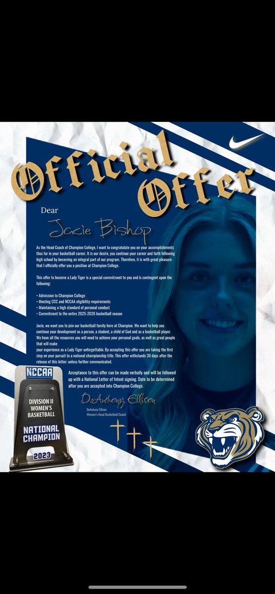 jacie bishop (@jaciembish) on Twitter photo Extremely blessed to receive an offer from Champion Christian College!! Thank you <a href="/CoachDellison/">Dee Ellison</a> for this opportunity! Go tigers!! 💙 Extremely blessed to receive an offer from Champion Christian College!! Thank you <a href="/CoachDellison/">Dee Ellison</a> for this opportunity! Go tigers!! 💙