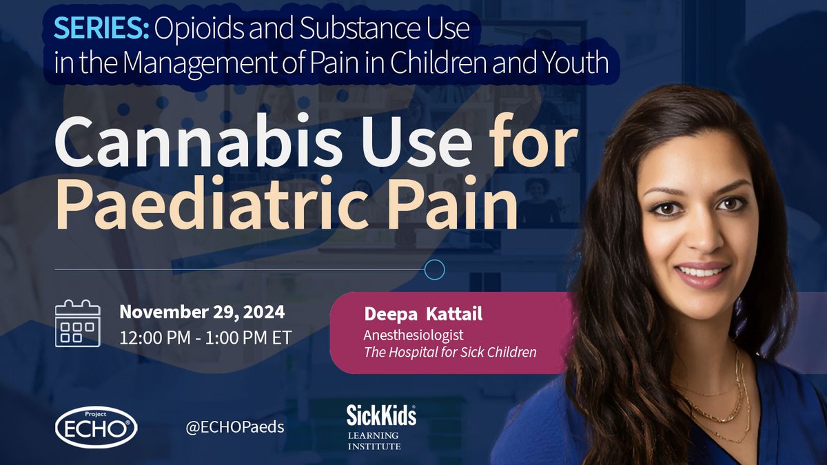 Paediatric Project ECHO (@echopaeds) on Twitter photo Don't miss Dr.<a href="/DeepaKattail/">𝙳𝚎𝚎𝚙𝚊 𝙺𝚊𝚝𝚝𝚊𝚒𝚕, 𝙼𝙳 𝙼𝙷𝚂 𝙵𝙰𝙰𝙿</a>'s excellent talk on "Cannabis Use for Paediatric Pain", part our Opioids and Substance Use in Pain Management for Children and Youth series.
The talk also closes our E3 #PedsPain event. #E3MedEd
🗓️Nov. 29 | 12-1pm
REGISTER⤵️
echo.zoom.us/meeting/regist… Don't miss Dr.<a href="/DeepaKattail/">𝙳𝚎𝚎𝚙𝚊 𝙺𝚊𝚝𝚝𝚊𝚒𝚕, 𝙼𝙳 𝙼𝙷𝚂 𝙵𝙰𝙰𝙿</a>'s excellent talk on "Cannabis Use for Paediatric Pain", part our Opioids and Substance Use in Pain Management for Children and Youth series.
The talk also closes our E3 #PedsPain event. #E3MedEd
🗓️Nov. 29 | 12-1pm
REGISTER⤵️
echo.zoom.us/meeting/regist…