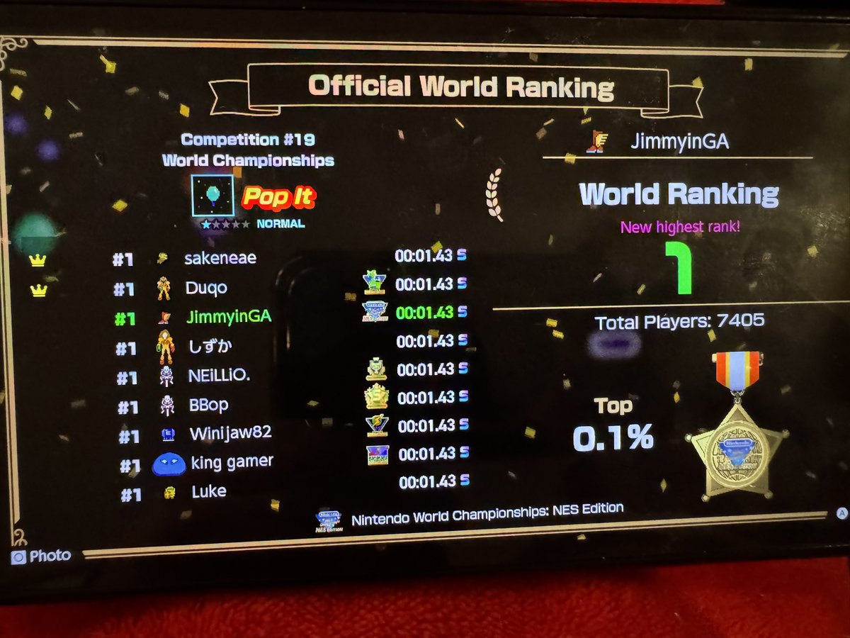 Jimmystoys's tweet photo. I am a #NintendoWorldChampion. I tied for the top spot for the “Pop It” challenge for #BalloonFight in competition # 19. #NES #NintendoWorldChampionships #Nintendo #NintendoSwitch https://t.co/gBaqTZAzu5