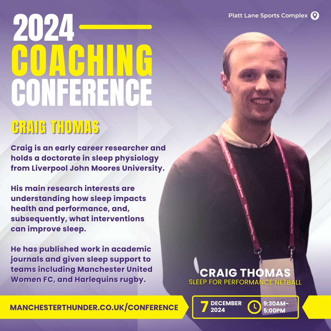thundernetball's tweet image. #Netballcoaches want to know how your #netballers can manage their sleep for #netball performance? 😴

If so, then join us at our #NetballConference a week on Saturday! 💛🖤

Book today ➡️ bit.ly/Coaching-Confe… 🎟️

Sleep physiologist Craig Thomas will be giving a working lunch