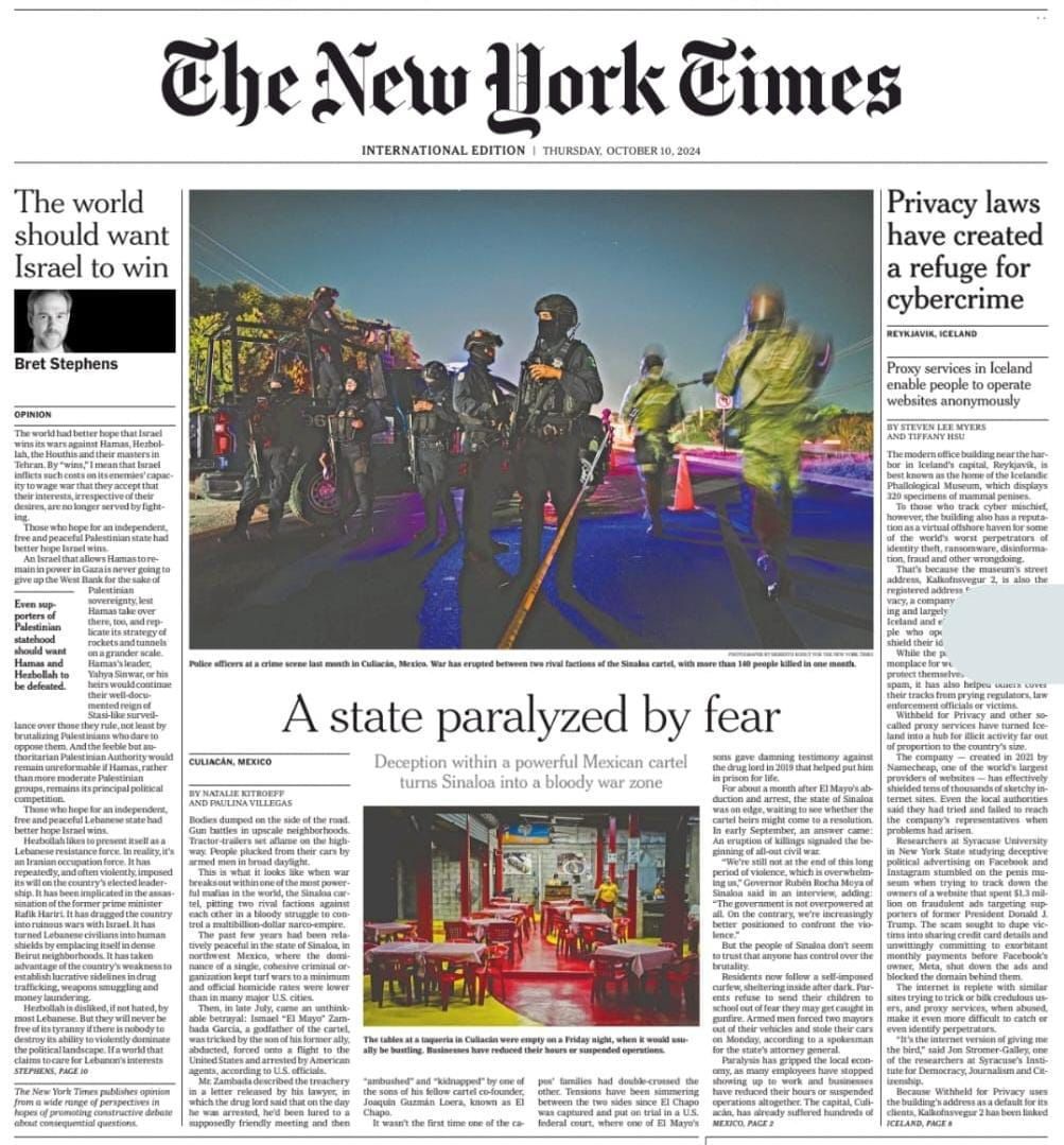 *MUY FUERTE es lo que cita hoy la portada del New York Times, donde muestra la realidad de Sinaloa, gracias a la ineficiencia y complicidad de <a href="/lopezobrador_/">Andrés Manuel</a> y su títere <a href="/Claudiashein/">Claudia Sheinbaum Pardo</a>, con esa contundente cabeza de portada:

 "Un estado paralizado por el miedo"

1/5
.