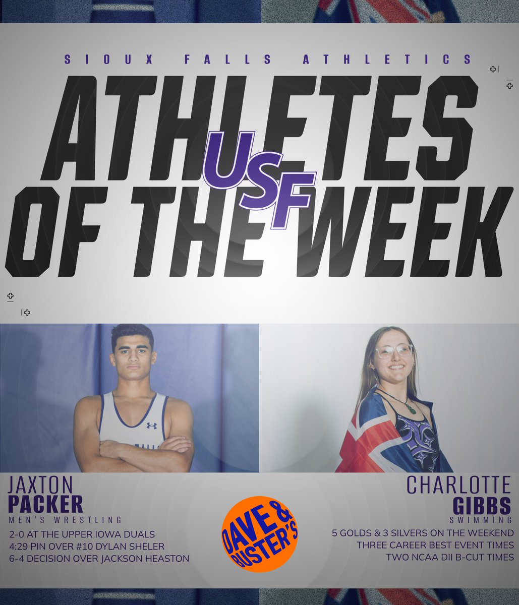 Congratulations to our two Dave &amp; Buster's USF Athletes of the Week!

Jaxton Packer of <a href="/usfcougarswr/">USF Men’s Wrestling</a> and Charlotte Gibbs of <a href="/usfcougarsswim/">USF Swimming</a>!

#CooFalls | #CooPride