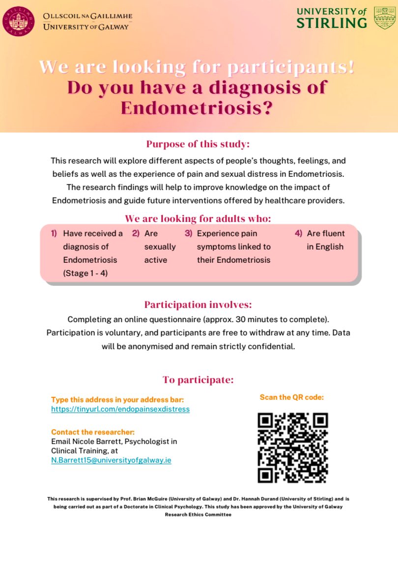I’m recruiting participants (aged 18+) for my doctoral research on pain &amp; sexual distress in Endometriosis. 

If interested, you can complete the anonymous survey via the QR code below or clicking this link: tinyurl.com/endopainsexdis… 

All RTs appreciated!