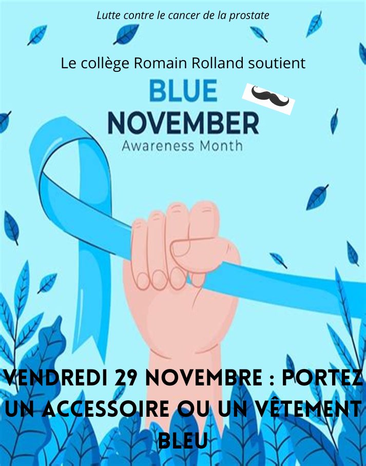 Collège Romain Rolland (@clg_rrolland) on Twitter photo Après la mobilisation en soutien à #OctobreRose, les élèves du #CVC du <a href="/CLG_RRolland/">Collège Romain Rolland</a> soutiennent le #BlueNovember 🥸
Vendredi 2️⃣9️⃣ novembre, venez avec un accessoire ou un vêtement bleu 💙
<a href="/laliguecancer/">La Ligue contre le cancer</a> <a href="/acrennes/">Académie de Rennes</a> <a href="/56_bef_ouest/">Bassin Éducation Formation 56 OUEST</a> <a href="/NedelecRozenn/">Rozenn NEDELEC</a> Après la mobilisation en soutien à #OctobreRose, les élèves du #CVC du <a href="/CLG_RRolland/">Collège Romain Rolland</a> soutiennent le #BlueNovember 🥸
Vendredi 2️⃣9️⃣ novembre, venez avec un accessoire ou un vêtement bleu 💙
<a href="/laliguecancer/">La Ligue contre le cancer</a> <a href="/acrennes/">Académie de Rennes</a> <a href="/56_bef_ouest/">Bassin Éducation Formation 56 OUEST</a> <a href="/NedelecRozenn/">Rozenn NEDELEC</a>