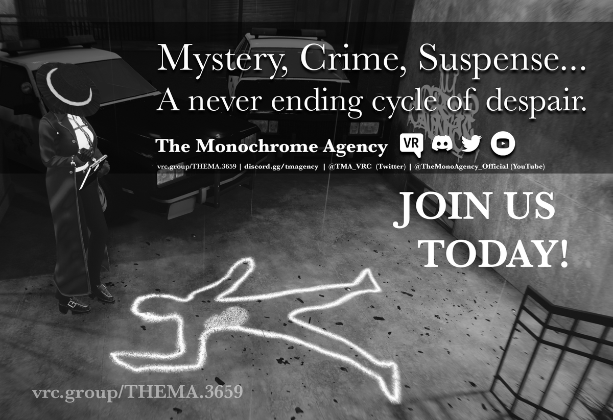 MPS_VRC's tweet photo. Why not try something new?
Join The Monochrome Agency today!
#vrchat #vrchatcommunity #roleplaygroup #RP https://t.co/OZ0FqAojya