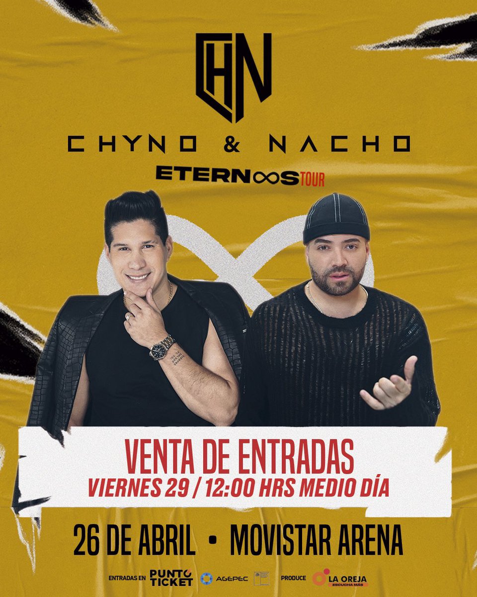 🎶 ¡Chino y Nacho están de vuelta! 🎤✨
El dúo de reggaetón más icónico regresa a nuestro país con su esperado. Prepárate para una noche llena de hits 

🎟️ Entradas a la venta a partir del 29 de noviembre a las 12:00 hrs en Punto Ticket.

🌟 #ChinoYNacho  #MovistarArena