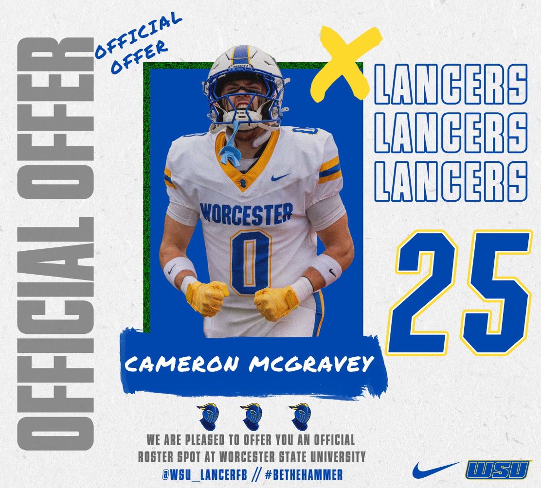 After an amazing conversation with <a href="/THECoachOLeary/">Thomas O’Leary</a> i’m excited to say i’ve received an offer to <a href="/WSU_LancerFB/">Worcester State Football</a>   Thank you for this opportunity.  <a href="/WRHS_Football/">Wachusett Football</a>  <a href="/WachusettAD/">Wachusett Athletics</a> <a href="/WRHSFBCoach/">Mike Dubzinski</a> <a href="/Coach_BentzFSU/">Brad Bentz</a>