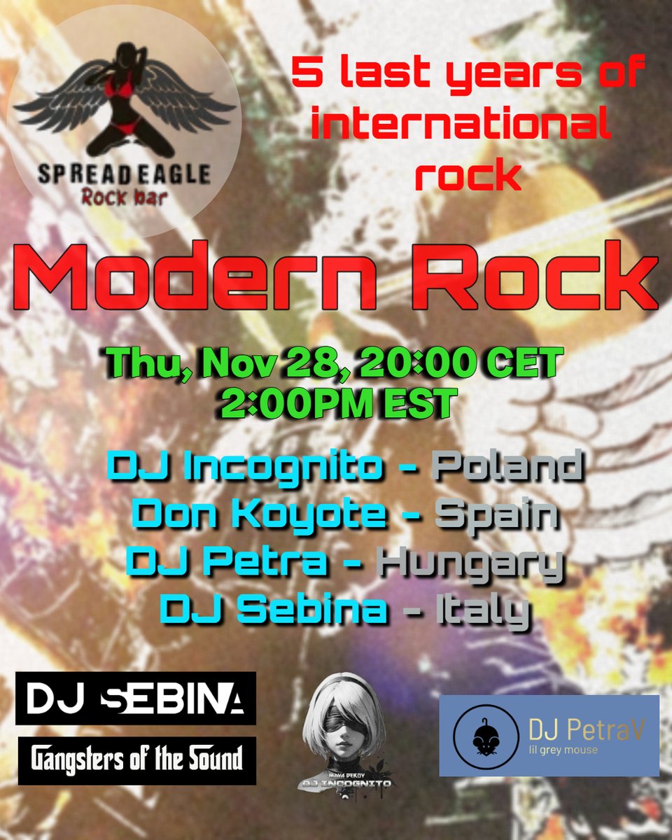 _JesterP_'s tweet image. 🎉 Get Ready for an Epic Night at Spread Eagle Rock Pub! 🎶
Join us for an electrifying event featuring **4 incredible DJs**! Each DJ will take the stage to spin the hottest modern rock tracks from the past 5 years, showcasing the best talent from their own countries. 🎊