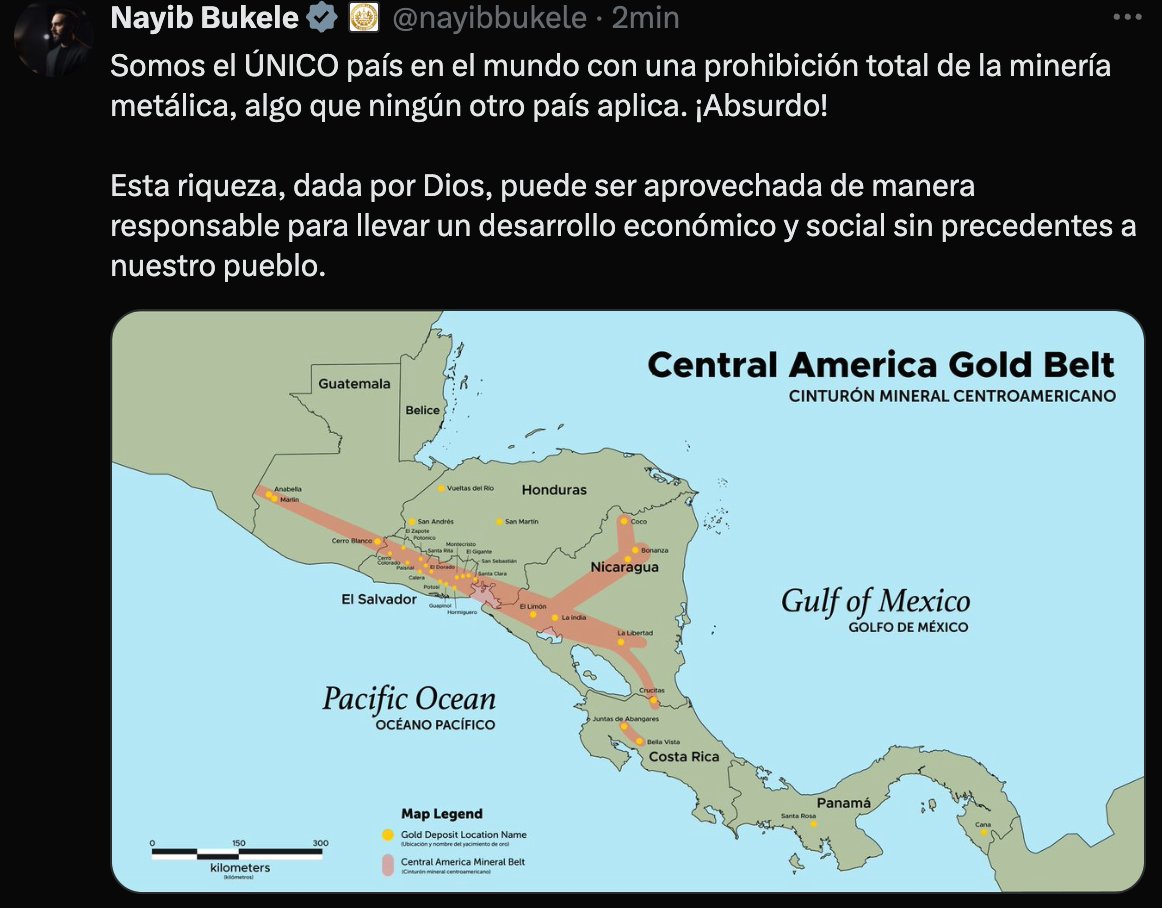 _elfaro_'s tweet photo. El presidente Nayib Bukele dijo hoy que la ley que prohíbe la minería metálica en El Salvador, vigente desde 2017, es "absurda".

Bukele dijo que el potencial económico es de, al menos, $131,565 millones de dólares. Y dijo que la minería podría crear miles de empleos. Pero (1/4) https://t.co/utW8zFurXH
