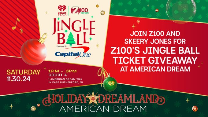 Join us and <a href="/SkeeryJones/">Skeery Jones</a> at @AmericanDream for your chance to win tickets to #Z100JingleBall and #AmericanDream attractions! Plus, the first 200 eligible people will receive a $5 <a href="/NJLottery/">New Jersey Lottery</a> Scratch-Off!