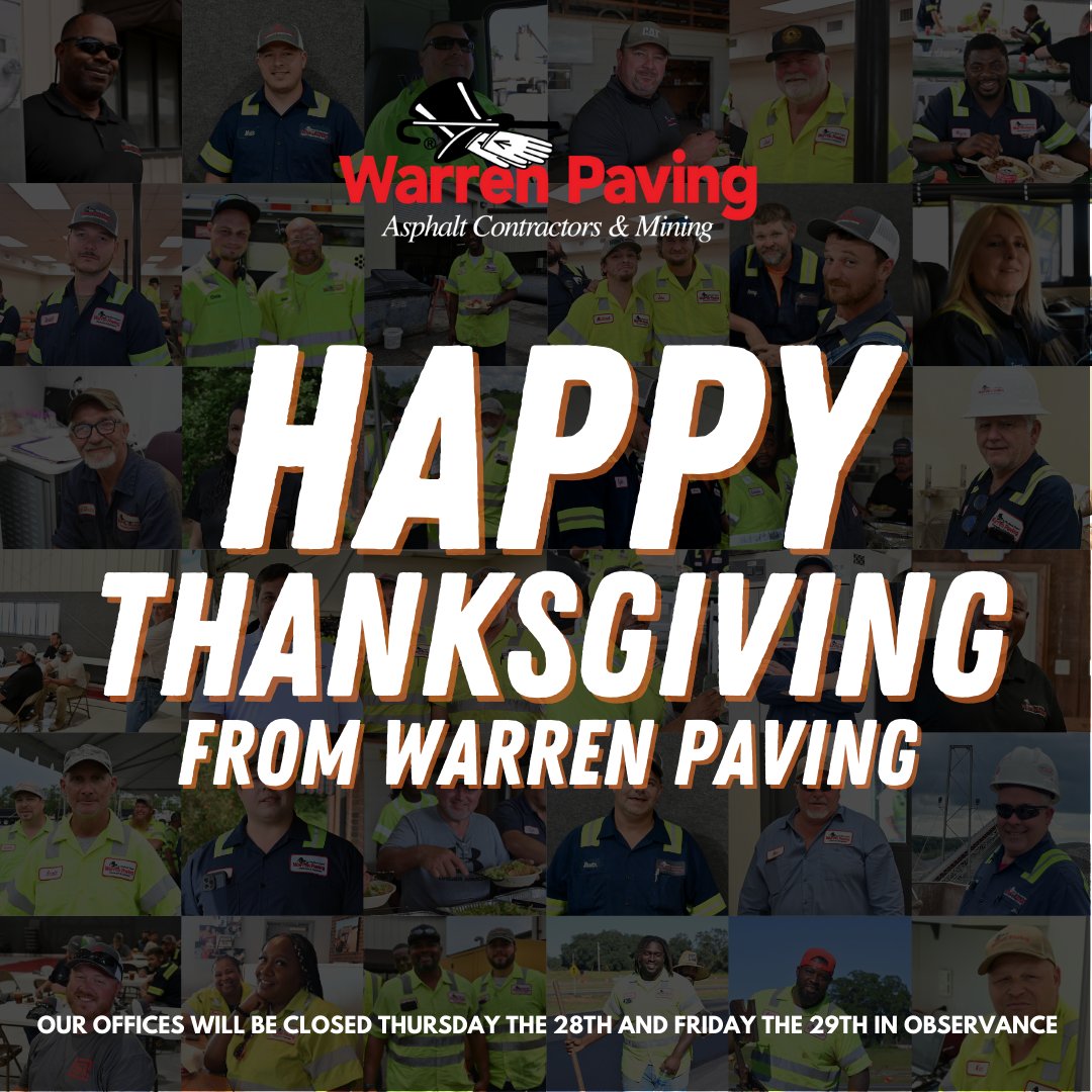 🍂 Happy Thanksgiving from Warren Paving! 🦃

This Thanksgiving, we’re grateful for our hardworking team, loyal customers, and the communities we serve. As we take time to reflect on the blessings of the season, we hope you do the same with your loved ones.

Our offices will be