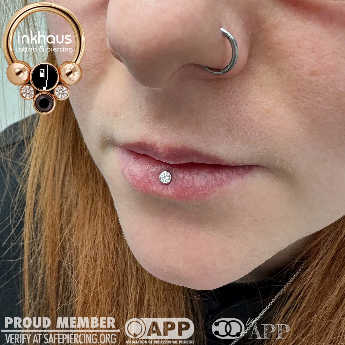 Seeing healed work always brings me so much joy! 🥰 I #pierced this client’s inverse vertical labret (sometimes known as an Ashley) a couple of years ago and she came in to switch the jewellery up to something new. She chose a super sparkly bezel set CZ from <a href="/ISbodyjewelry/">INDUSTRIAL STRENGTH</a>