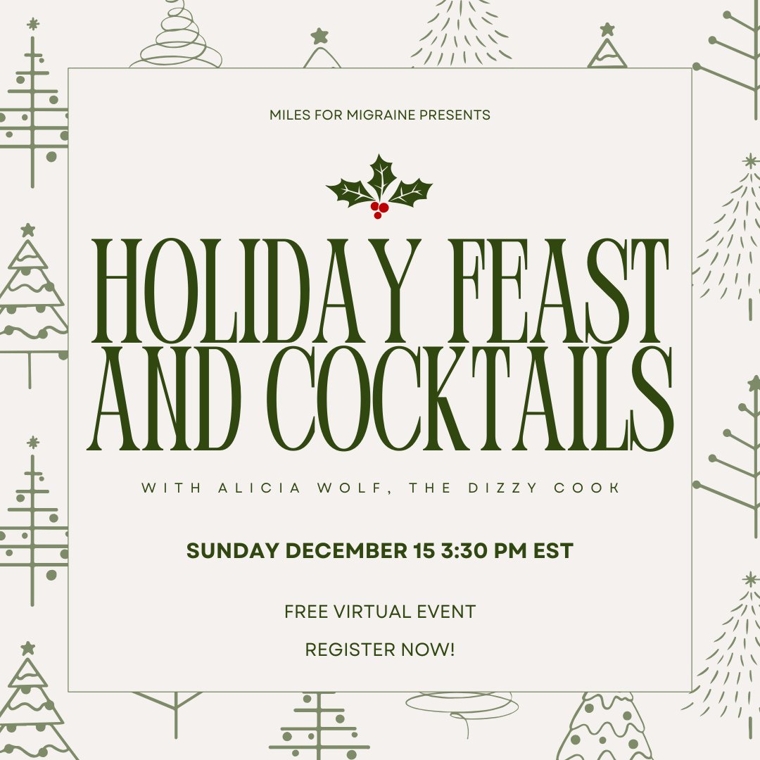 Join us for a festive and fun virtual event hosted by <a href="/thedizzycook/">Alicia</a> on December 15th at 3:30 PM EST! Alicia will be guiding us through the steps to make her favorite holiday recipe and cocktail.

milesformigraine.org/social-series/…