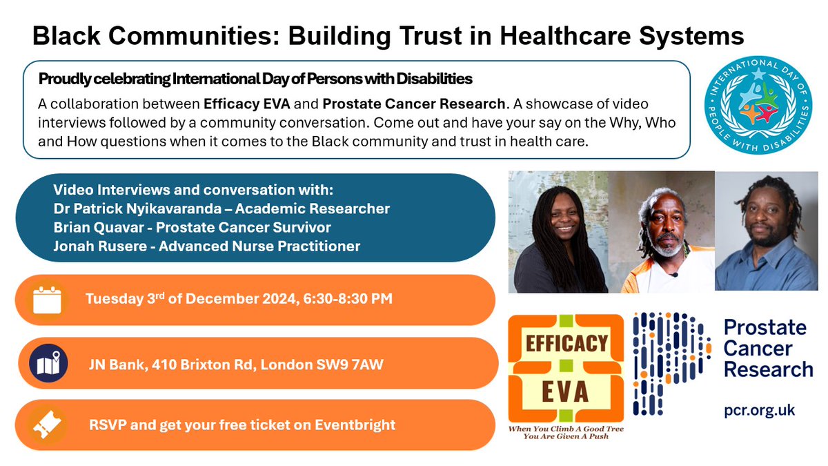 We are excited to partner with Efficacy EVA to host Black Communities: Building Trust in Health Care Systems on Tuesday, October 3rd, from 6:00–8:30 PM at JN Bank UK.

As part of PCR’s focus on the Racial Disparity in prostate cancer, video interviews were held to discuss the