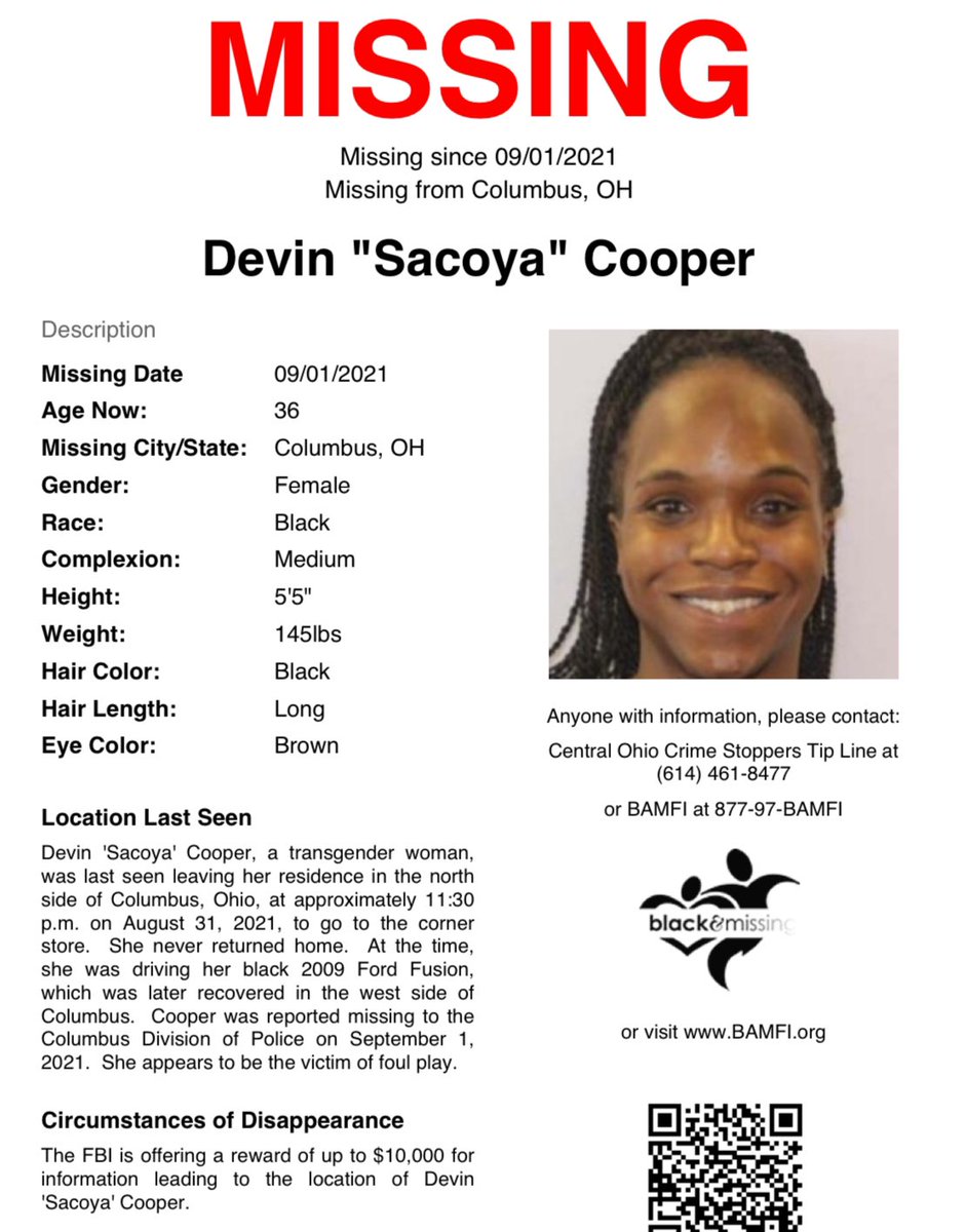 #Columbus, #OH: 36y/o Devin “Sacoya” Cooper was last seen leaving her residence at around 11:30pm on Aug 31, 2021 to go to the corner store. She was driving her black 2009 Ford Fusion, which was later recovered in the westside of Columbus. She never returned home.