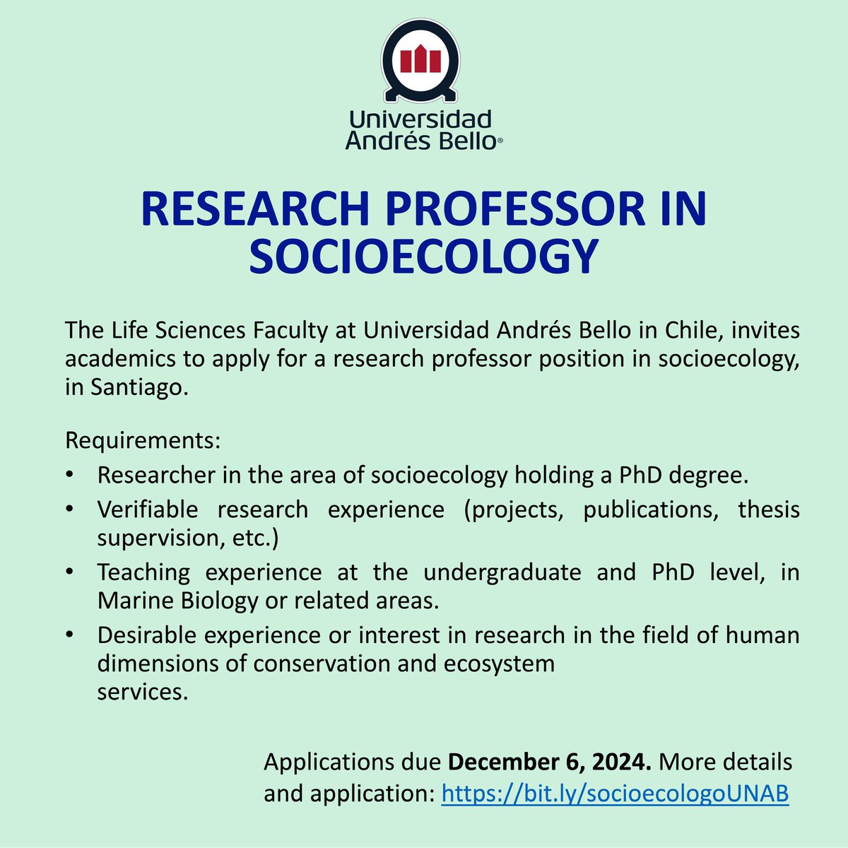 DocMedCon's tweet image. 🐋🌱🌆 Cargo de un investigador/a en socioecología, Facultad de Ciencias de la Vida @uandresbello en Chile, funciones vinculadas al @docmedcon @cisunab, Escuela de Ciencias del Mar y proyectos en el área de One Health. Consultas: claudio.azat@unab.cl