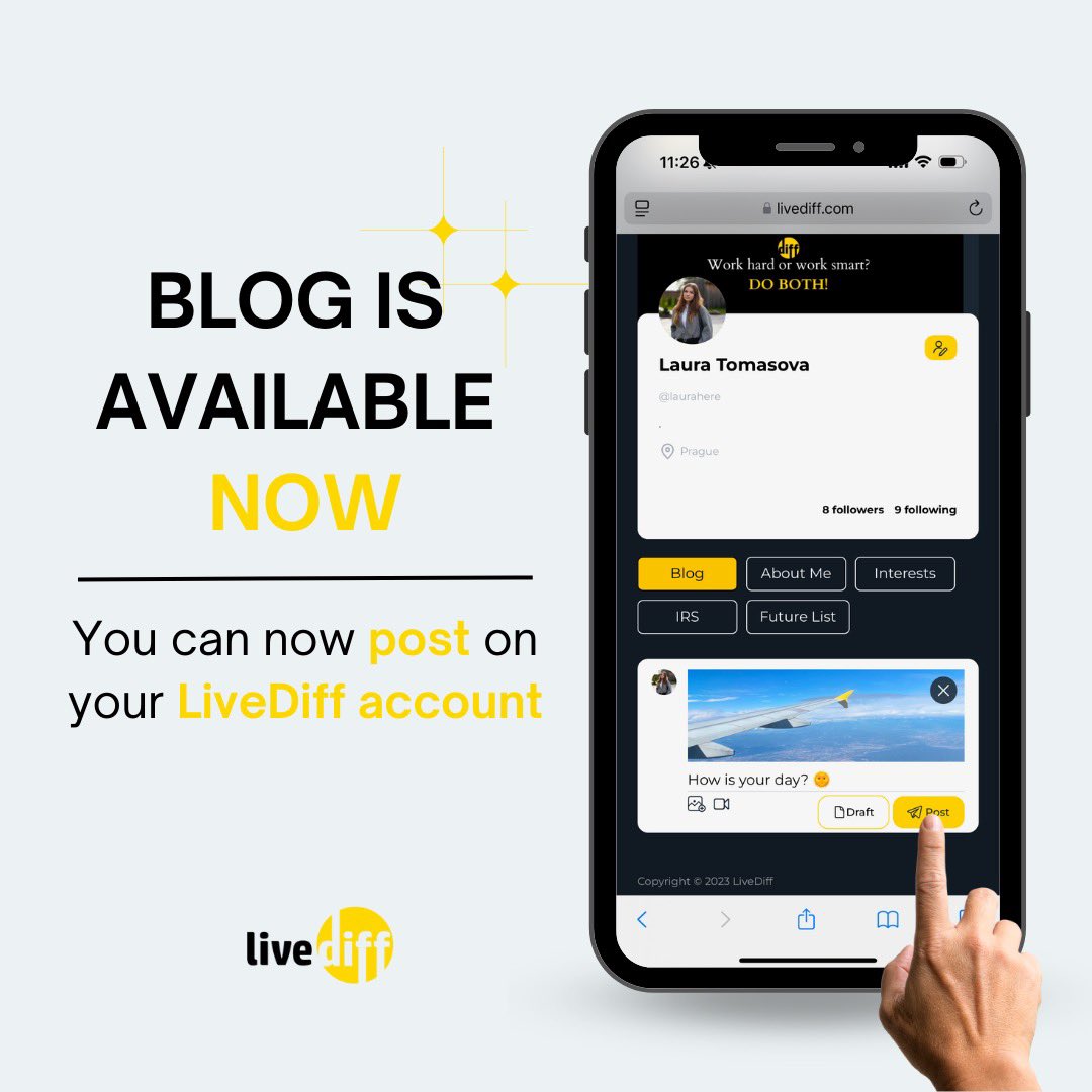 ✨ BLOG IS LIVE! ✨

A new feature on LiveDiff – now you can write and share your stories directly on your profile! 💛
Your thoughts, your words, your space. 🌟

📍 What will your first post be? 

Let us know in the comments! 💬

#LiveDiff #NewFeature #Blogging #SocialNetwork