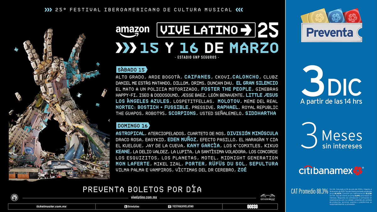 ¡La espera terminó! Rockeras y rockeros, con ustedes el cartel por día del #VL25 PRESENTADO POR AMAZON. 🤩🤘

¿A quiénes vamos a ver por allá?, ¿con qué bandas cantarán a todo pulmón? ¡Déjennos sus comentarios, los estaremos leyendo! 👀📦