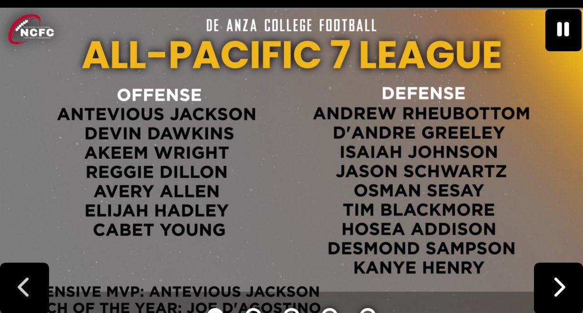 First team all conference
Right tackle
<a href="/DALionsFootball/">De Anza College Football</a> <a href="/Coach_Dags/">Joe D'Agostino</a> <a href="/CurtisRocklin/">Rocklin Curtis</a> <a href="/CoachMartinez72/">Victor Martinez</a> 

Second year of juco, looking for a new home
