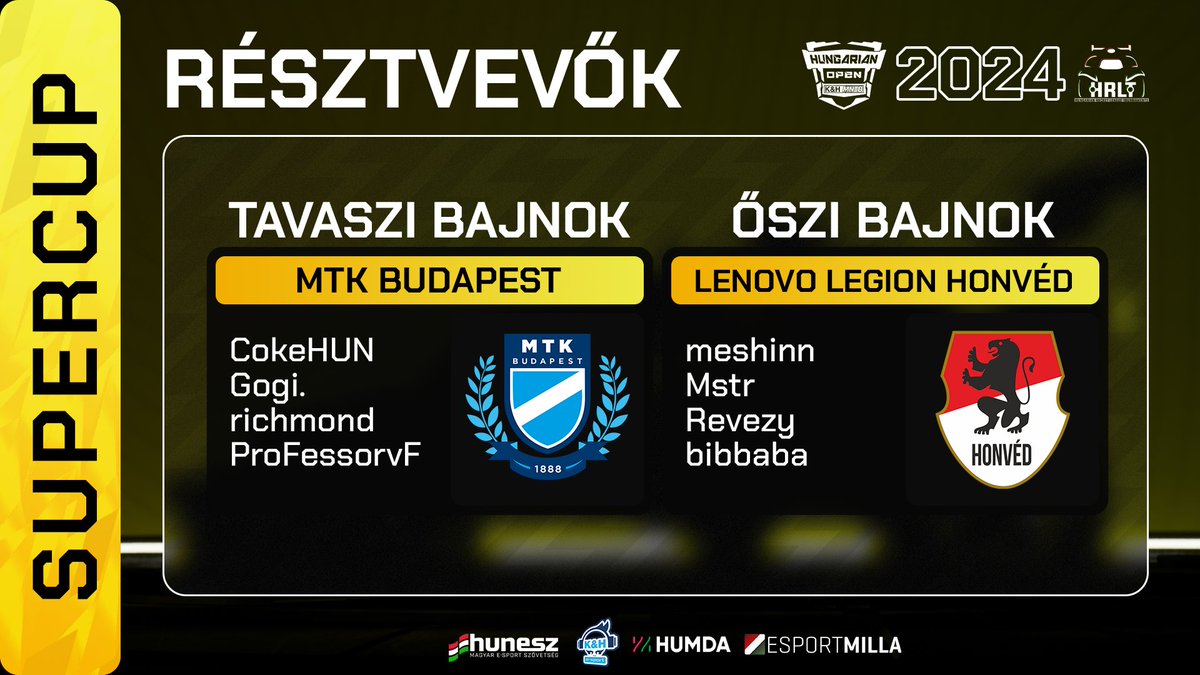HungarianRLTournaments (@hrlt_hu) on Twitter photo Egyaránt ünnepelhetett bajnoki címet az <a href="/MTKesport1888/">MTK Budapest Esport</a> és a <a href="/HonvedEsport/">Honvéd Esport</a> az idei évben, vasárnap pedig a Delta 1 Esports Caféban offline körülmények között dől el, hogy ki is végül a jobb bajnokcsapat kettejük közül. 😎
K&H MNEB Hungarian Open 2024 Super Cup powered by HUMDA, Egyaránt ünnepelhetett bajnoki címet az <a href="/MTKesport1888/">MTK Budapest Esport</a> és a <a href="/HonvedEsport/">Honvéd Esport</a> az idei évben, vasárnap pedig a Delta 1 Esports Caféban offline körülmények között dől el, hogy ki is végül a jobb bajnokcsapat kettejük közül. 😎
K&H MNEB Hungarian Open 2024 Super Cup powered by HUMDA,