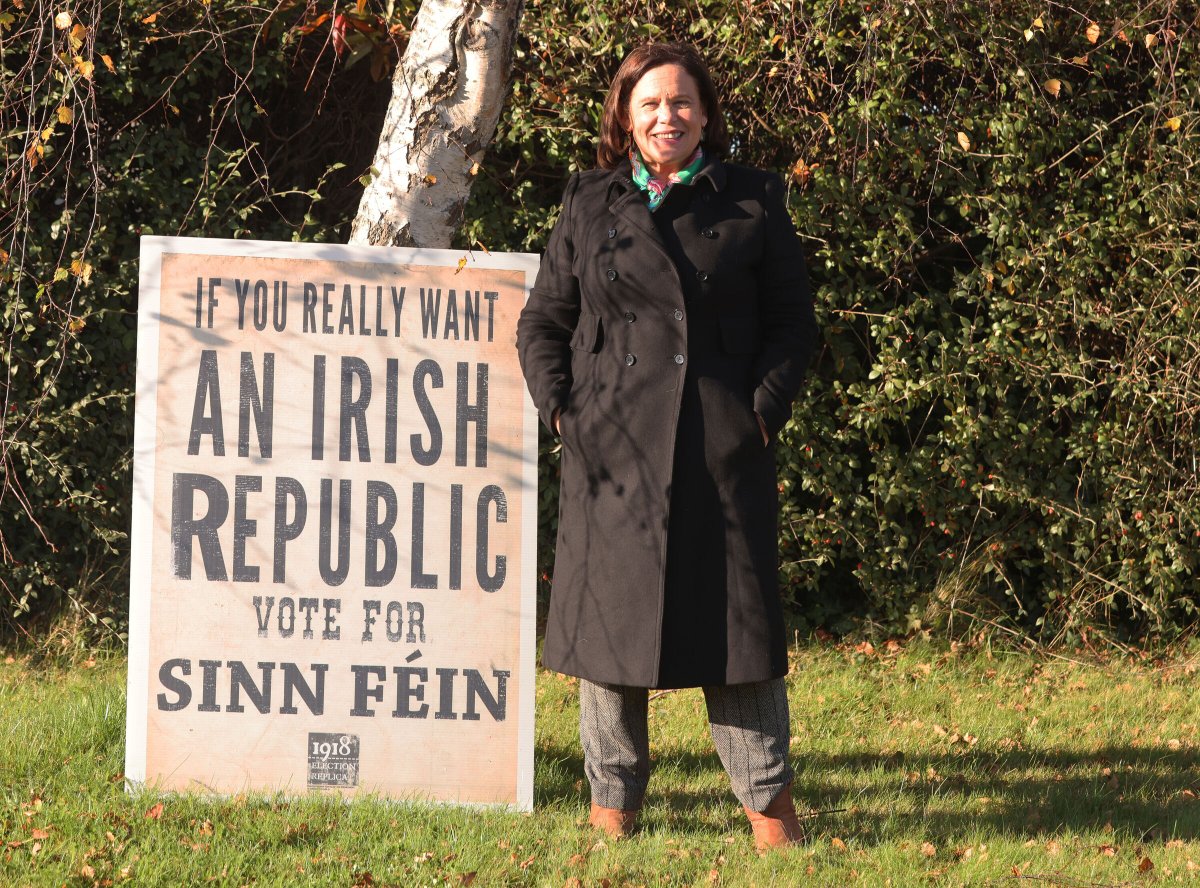 General Election 2024. Mary Lou Has It All To Do! Sinn Fein party leader Mary Lou McDonald, poses with an old republican election poster, while canvassing in the  in Naas County Kildare today. 
She has one more day to convince the electorate to vote for Sinn Fein and bring their