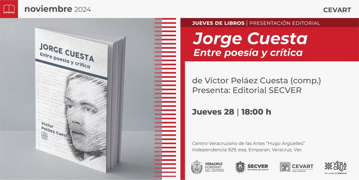 Te invitamos a disfrutar de Jueves de libros, en esta ocasión tendremos la presentación editorial de "Jorge Cuesta. Entre poesía y crítica" compilación de Víctor Peláez Cuesta. Presentan: Socorro Lobato, Blanca Álvarez y Luis Muriel.
📅 jueves 28 de noviembre.
⏰ 18:00 horas.